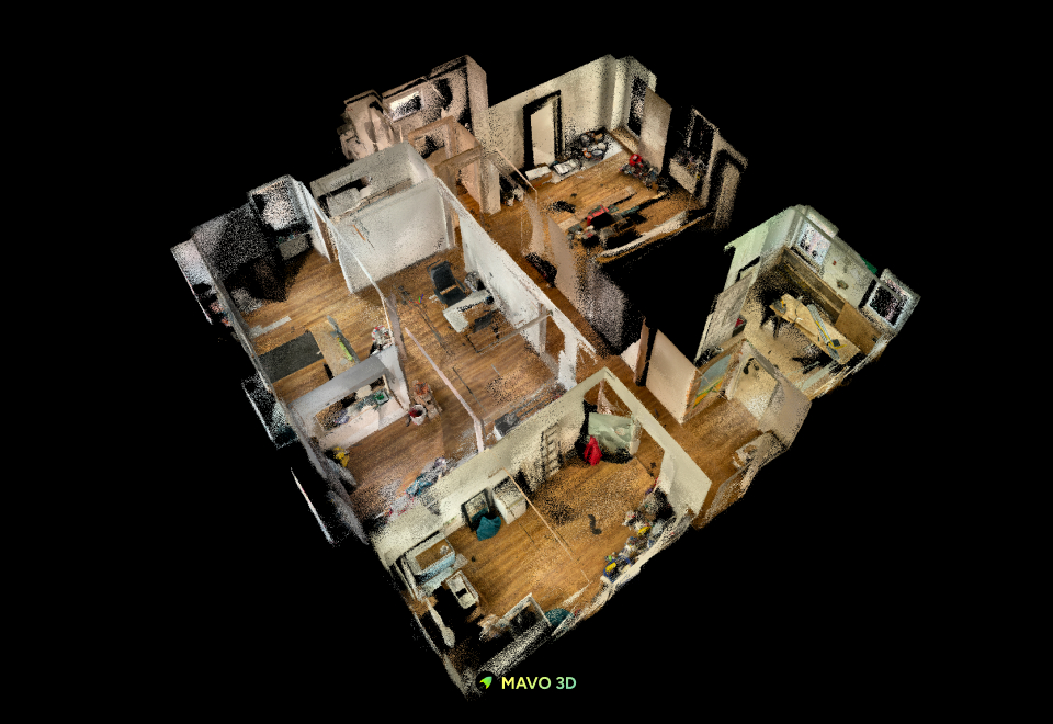Aerial top-down point cloud scan of a residential floor plan captured with MAVO 3D.