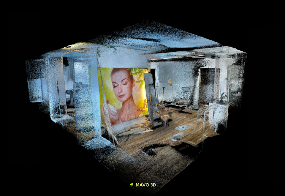 Point cloud scan of a room under renovation captured with MAVO 3D, showing exposed framing and a large portrait artwork on the wall