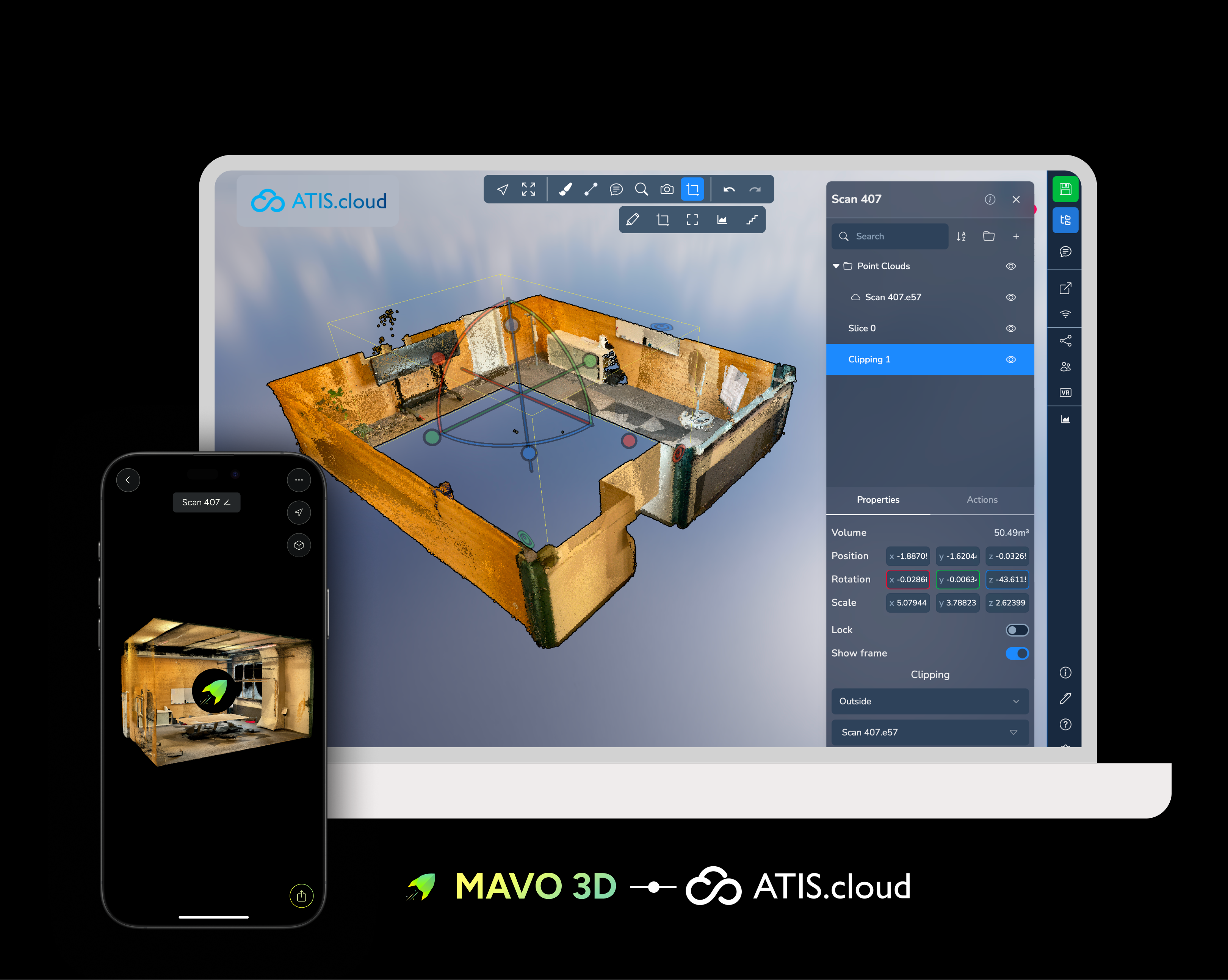Workflow preview image showcasing API integration from 3D LiDAR scanning with MAVO 3D to upload to ATIS.cloud by CYDIS for cloud storage, collaboration and easy sharing of point cloud project data