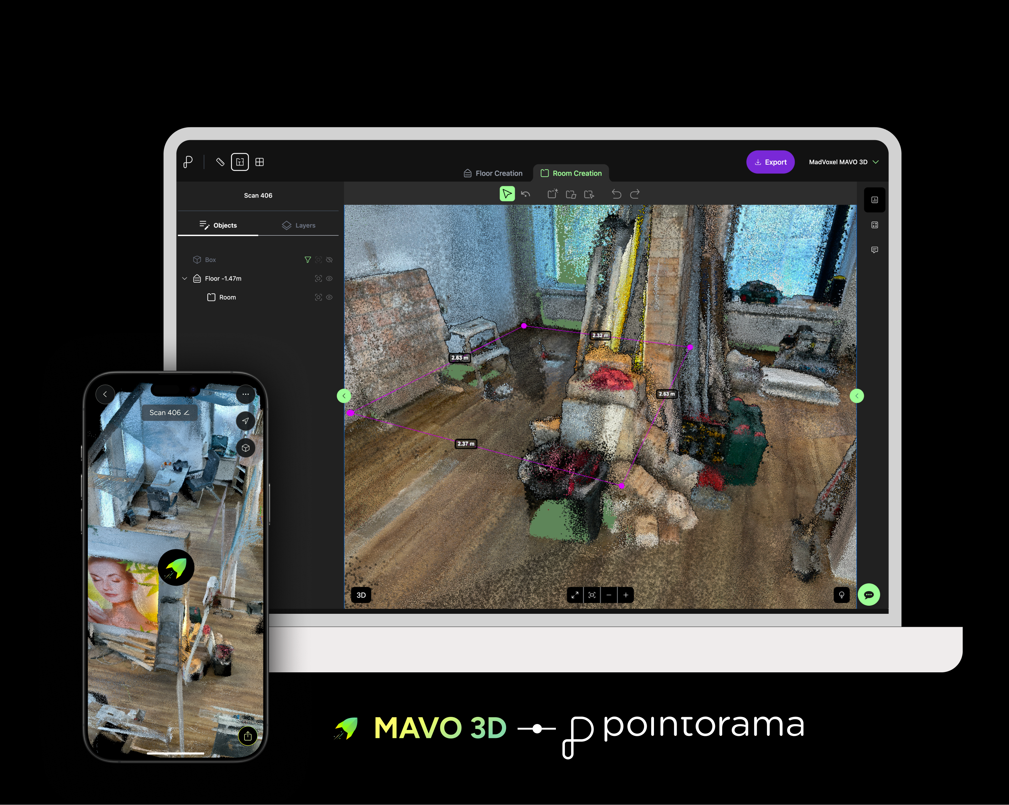 Workflow preview image showcasing API integration from 3D LiDAR scanning with MAVO 3D to upload to Pointorama for efficient floor plan creation